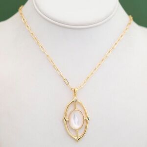 Vintage Oval Pearl Cross silver  Tone Necklace 30 inch - W18‎